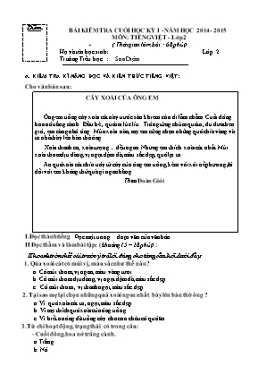Bài kiểm tra cuối học kỳ I - Năm học 2014 - 2015 môn: Tiếng Việt - Lớp 2 - ( thời gian làm bài : 60 phút)