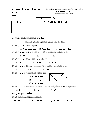 Bài kiểm tra định kì cuối học kì 1 môn toán lớp 2 năm học 2015 - 2016 (thời gian làm bài 40 phút)