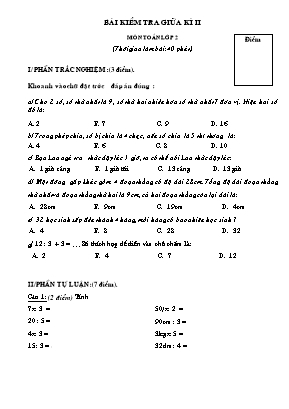 Bài kiểm tra giữa kì II môn toán lớp 2 (thời gian làm bài: 40 phút)