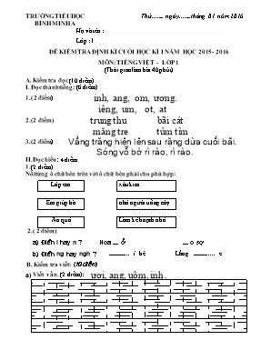 Đề kiểm tra định kì cuối học kì I năm học 2015 - 2016 môn: Tiếng Việt - Lớp 1 (thời gian làm bài 40 phút)