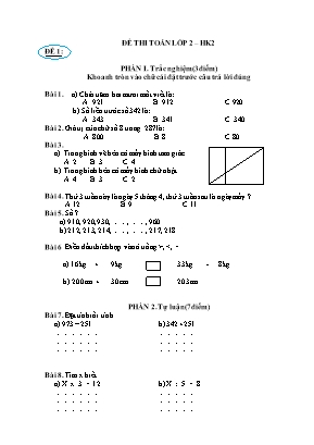 Đề thi toán học lớp 2 – Học kì 2