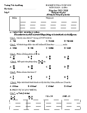 Bài kiểm tra cuối năm môn toán - Lớp 4 năm học 2015 - 2016 thời gian 40 phút (không kể thời gian giao đề)