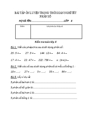 Bài tập ôn luyện trong thời gian nghỉ tết phân số lớp 4