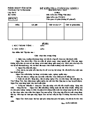 Đề 1 thi kiểm tra cuối năm. Khối 3 năm học 2014 – 2015 môn kiểm tra: Tiếng Việt (đọc) thời gian: 40 phút (không kể phát đề)