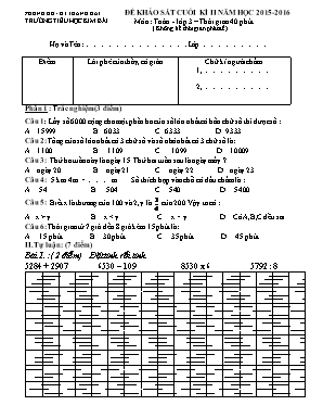 Đề khảo sát cuối kì 3 năm học 2015 - 2016 môn : Toán - Lớp 3 – Thời gian 40 phút ( không kể thời gian phát đề)