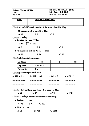 Đề kiểm tra cuối học kì I môn toán - Khối lớp 3 năm học: 2015 - 2016