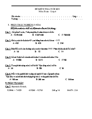 Đề kiểm tra cuối kì 1 môn: Toán – Lớp 4