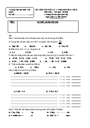 Đề kiểm tra cuối kỳ I – Năm học 2015 - 2016 môn Toán - Trường tiểu học Ninh Vân