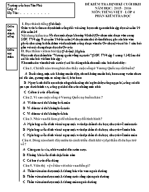 Đề kiểm tra định kì cuối học kì II năm học: 2015 – 2016 môn: Tiếng Việt – Lớp 4 phần kiểm tra đọc