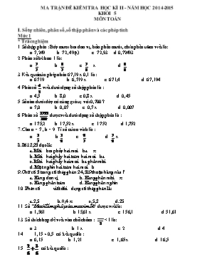 Đề kiểm tra học kì II - Năm học 2014 - 2015 khối 5 Môn Toán