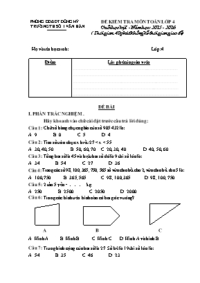 Đề kiểm tra môn toán lớp 4 cuối học kỳ I - Năm học: 2015 - 2016 ( thời gian 40 phút không kể thời gian giao đề)