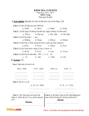 Đề thi Kiểm tra cuối kì II năm học: 2010 - 2011 môn: Toán thời gian 40 phút