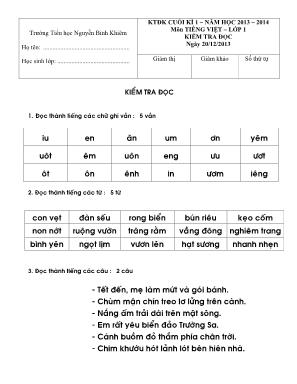 Đề thi Kiểm tra điều kiện cuối kì 1 – Năm học 2013 – 2014 môn Tiếng Việt – Lớp 1 - Trường tiểu học Nguyễn Bỉnh Khiêm