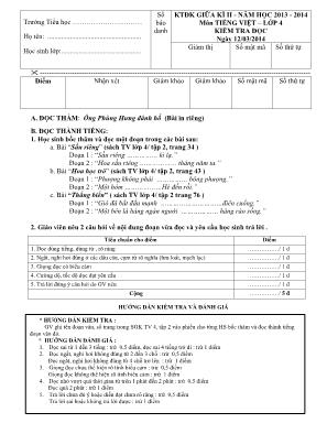 Đề thi Kiểm tra điều kiện giữa kì II – Năm học 2013 – 2014 môn Tiếng Việt – Lớp 4