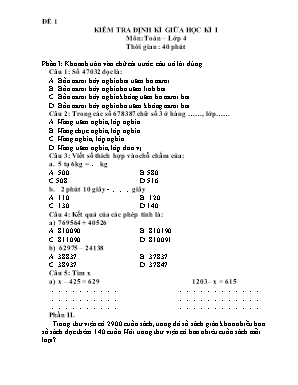 Kiểm tra định kì giữa học kì I môn: Toán – Lớp 4 thời gian : 40 phút